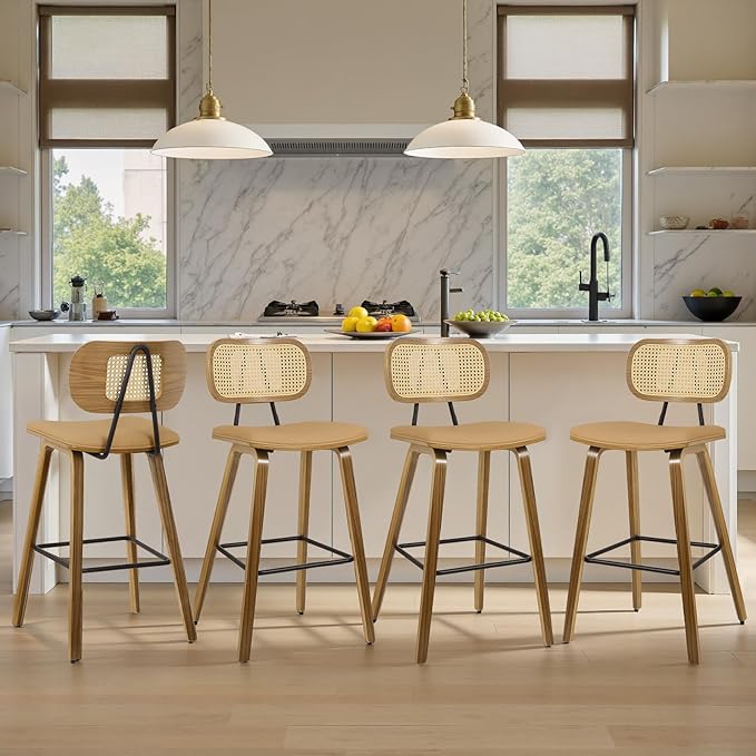 Counter Height Bar Stools Set of 4, 26" Mid Century Modern Rattan Bar Stools for Kitchen Counter PU Leather Upholstered Barstool with Wood Legs, Counter Height Island Stool Chair, Brown & Walnut