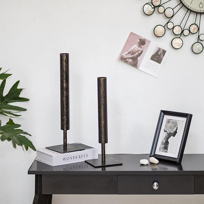 Sziqiqi Black Metal Vase Set - 15.5/13.8in Tall/Short Rectangular Vases, 2 Pcs Modern Home Decor for Living Room, Bedroom