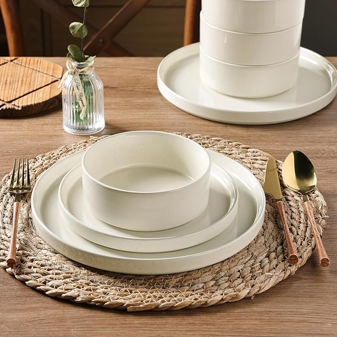 GBHOME Dinnerware Set for 6, 18 Piece Speckled Plates and Bowls Set with Glazed Bottom, Chip & Scratch Resistant Stoneware Plates Sets, Dishwasher & Microwave Safe Dishes, Light Beige