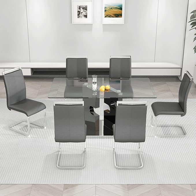 Glass Dining Table Set for 6,7 Piece Dining Table Set, Tempered Glass Table Top and Modern Design MDF Base with 6 PU Leather Ergonomic Dining Chairs