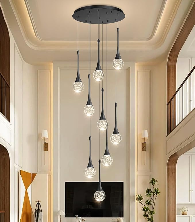 9 Light Modern Glam Crystal Chandelier for High Ceiling LED Dimmable Ceiling Pendant Light Staircase Foyer Enterway Living Room Chandelier Lighting Antique Black