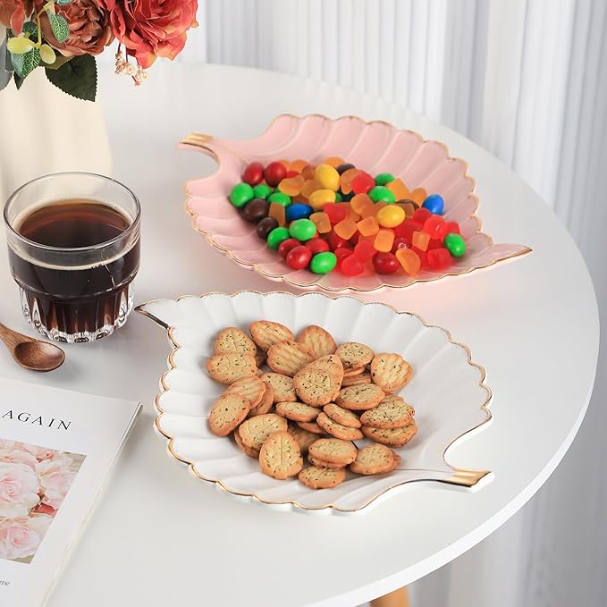 VanEnjoy Candy Dishes Decorative, Key Bowl for Entryway Table, White Ceramic Bowl Decorative, Decorative Bowl for Keys, Leaf Jewelry Plate Tray