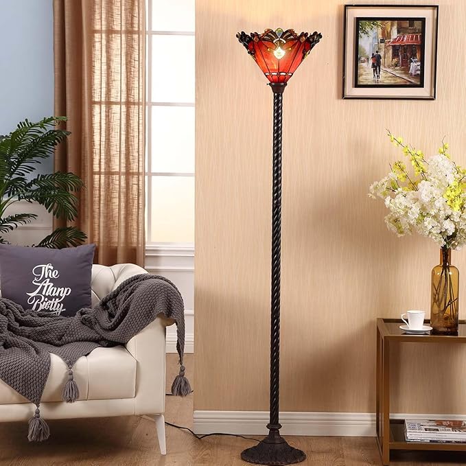 Bieye L10682 Baroque 67 inch Tiffany Style Stained Glass Torchiere Floor Lamp with 13 Inch Wide Handmade Lampshade, Metal Base with Dark Brown Baking Finish, Red