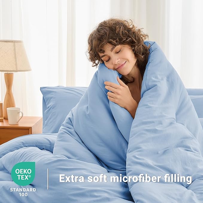 MUXHOMO 7 Pieces Full Comforter Set, Soft Bed in a Bag Full Size, All Season Bedding Set with Comforter, Flat Sheet, Fitted Sheet, Pillowcases & Shams, Greyish Blue