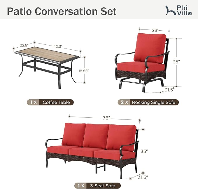 PHI VILLA Outdoor Modern Patio Furniture Set, Upgraded Wicker&Metal Patio Furniture Conversation Set with Waterproof Thick Cushions for Porch, Poolside, Deck, and Yard (4 Pieces,Red)