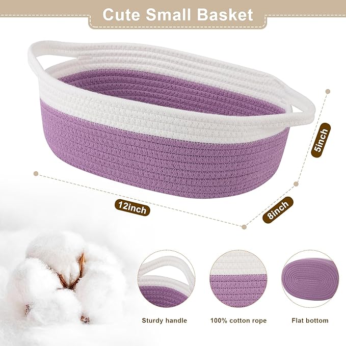 OIAHOMY Gift Basket Empty with Handle, 12"x 8"x 5" Small Woven Basket with Gift Bag, Ribbon and Wrap Tissue Paper, Dog Toy Storage for Organizing - Lilac Purple & White