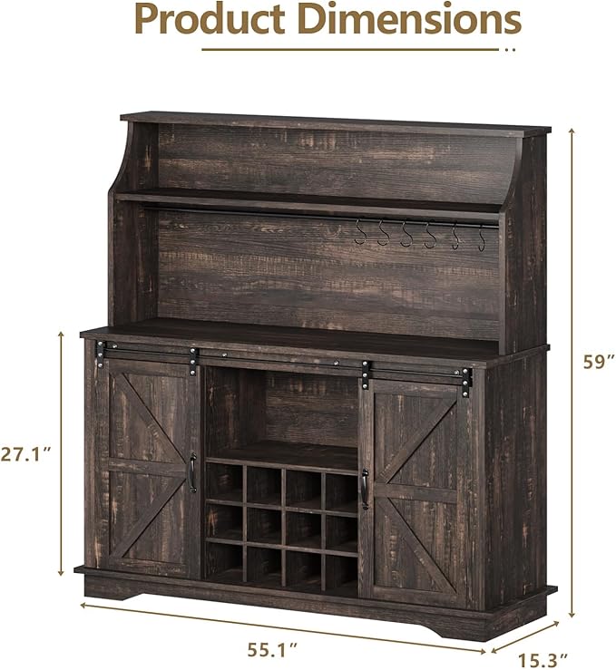 55 Inch Farmhouse Coffee Bar Cabinet with 3-Tier Storage, Kitchen Hutch with12 Wine Racks & 3 Glass Holders, Coffee Bar with 6 Hooks, Wine Bar Cabinet for Dining Living Room, Oak