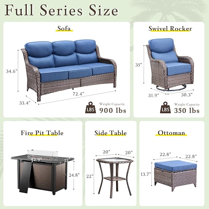 Luxury High Back Outdoor Furniture with 6-inch Extra Thick Cushions, Patio Furniture Set with Fire Pit Table & Swivel Chairs, 7 PCS Wicker Conversation Set for Yard, Deck, Poolside, Brown/Blue