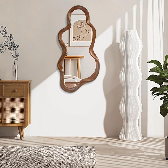 Asymmetrical Mirror Large Irregular Wall Mirror Modern Wood Frame Unique Artistic Mirrors Cute and Stylish Cloud Wavy Mirror Decorative for Cloakroom Bedroom Living Room Bathroom Entryway 30"x14"