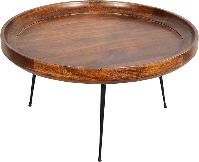 The Urban Port Round Mango Wood Coffee Table with Splayed Metal Legs, Brown and Black, 30 in x 30 in x 16 in