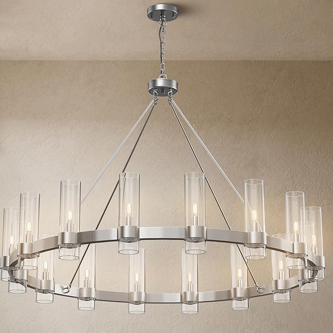 Modern Chandelier,Wagon 16-Lights Wheel Chandelier with Glass Shade, Nickel 48 Inch Large Round Industrial High Ceilings Pendant Lighting Fixture for Dining Room, Living Room, Foyer