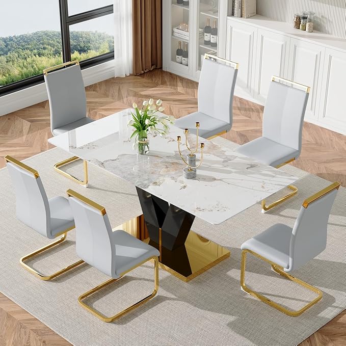 71'' Dining Room Table Set for 6,Marble Dining Table Set,Modern Kitchen Table with 6 PU Leather Chairs,Gold Dining Table Set with V-Shaped Black Glossy Pillars,Ideal for Kitchen Dining Room