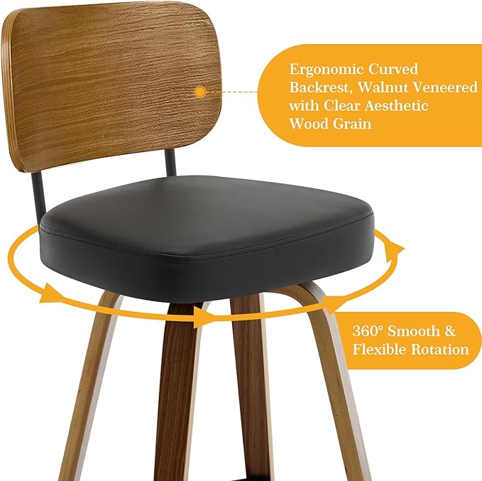 Swivel Counter Height Bar Stools Set of 4, Mid-Century Modern Upholstered Faux Leather Barstools with Wood Back, 26" Seat Height Bar Stools for Kitchen Island, Black Seat and Walnut Frame