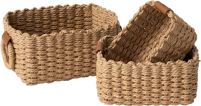 LA JOLIE MUSE Small Wicker Baskets for Organizing, Recycled Paper Rope Storage Basket Container Bins for Shelves Bathroom Cupboards Drawer, Decorative Square Basket Organizer Set of 3