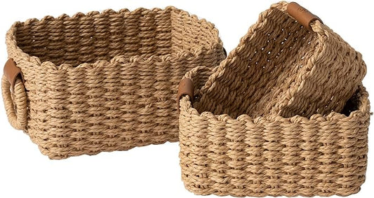 LA JOLIE MUSE Small Wicker Baskets for Organizing, Recycled Paper Rope Storage Basket Container Bins for Shelves Bathroom Cupboards Drawer, Decorative Square Basket Organizer Set of 3