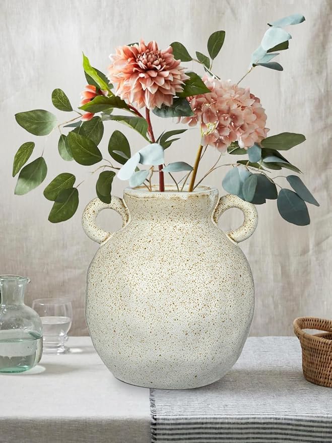 Rustic Ceramic Farmhouse Flower Vase with 2 Handles, Large Vases for Home Decors, Living Room, Bookshelf, Office, Grand Millennial Decor 8.2 Inch