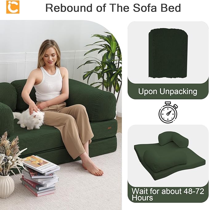COMAX Futon Sofa Bed, 4-in-1 Floor Foldable Sofa Couch Bed Queen with L-Shaped Armrests, Convertible Folding Chair Bed Sleeper Mattress Fold Out Comfy Lounge for Living Room Bedroom, Green
