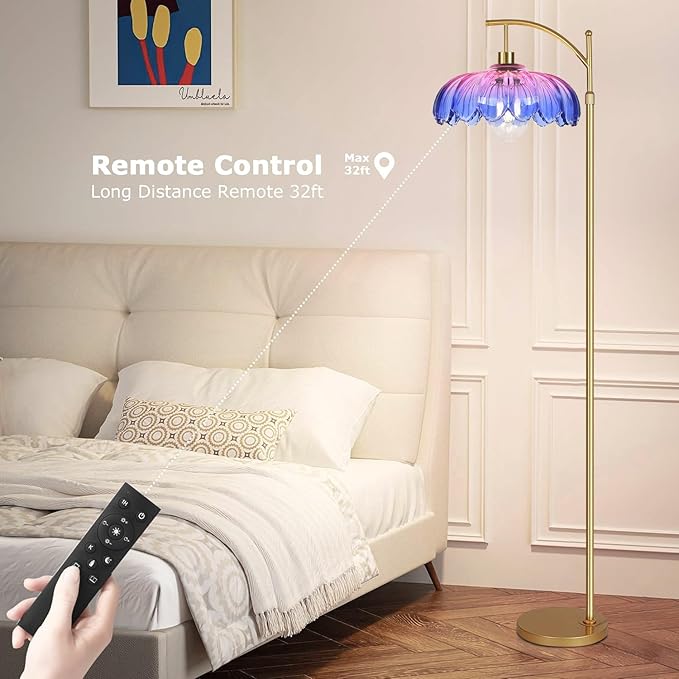 Floor Lamp for Living Room,Bedroom,Gold Dimmable Standing Lamp with Remote,Mid Century Modern Brass Tall Lamp Retro Vintage Glass Lamp Floor Light Boho Bohemian