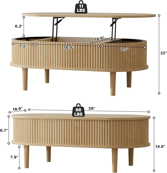EAG Fluted Lift Top Coffee Table with Hidden Compartment, 39 Inch Modern Oval Coffee Table with 3 Storage, Fully Wooden Assembled Center Table for Living Room, Office, Natural