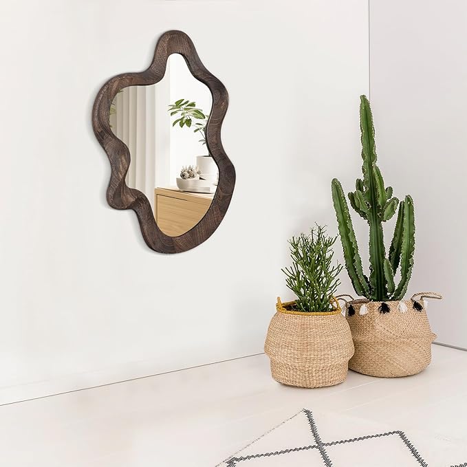 Asymmetrical Wavy Mirror for Wall Decor Large Cute and Stylish Unique Wooden Framed Wall Mirror Vanity Artistic Cloud Mirror 21.6"x15" Decorative for Living Room Bedroom Bathroom Entryway