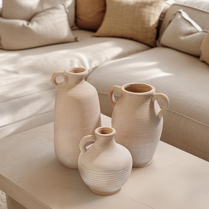 Ceramic Flower Vase with Handle, 6 inch Rustic Terracotta Vase, Vintage Clay Pottery, Farmhouse Decor, House Decorations for Home, Living Room, Bedroom, Entryway, Kitchen Decor