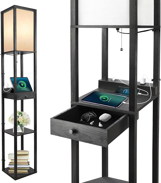 OUTON Floor Lamp with Shelves, 1 Drawer, 2 USB-C Ports, 2 AC Outlets, LED Modern Floor Lamp with 3 Color Temperature, Storage Display Wood Standing Lamp for Living Room, Bedroom, Office (Black)