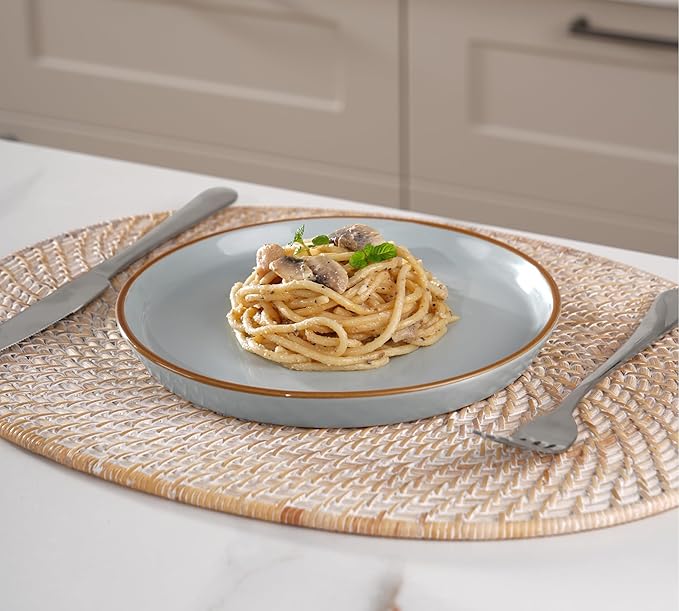 Famiware Saturn Dinnerware Sets, Plates and Bowls Sets for 4, 12 Pieces Stoneware Dish Set - Chip and Scratch Resistant, Microwave and Dishwasher Safe Tableware Set, Light Blue with Rim