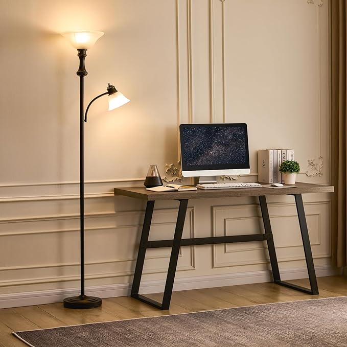 71'' Torchiere Floor Lamp for Bedroom with Glass Shade, Tall Floor Lamps for Living Room with Adjustable Angle Arc Reading Light, Modern Standing Light, Knob Switch, Bulb Included, Black