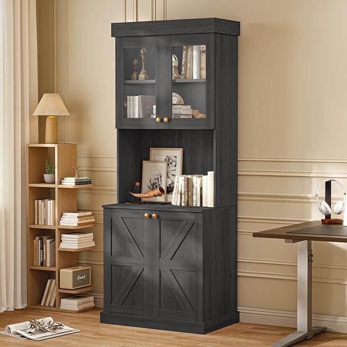 71" Tall Farmhouse Kitchen Pantry, Large Storage Cabinet with Glass Doors, Freestanding Coffee Bar Hutch with Microwave Stand, Adjustable Shelves for Kitchen, Living Room, Black
