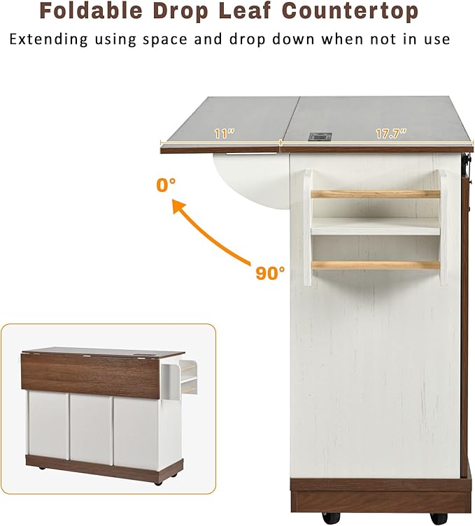 55.5" Farmhouse Kitchen Island with Drop Leaf, Kitchen Storage Island with Barn Door, Power Outlet, for Home, Kitchen, Dining Room, White