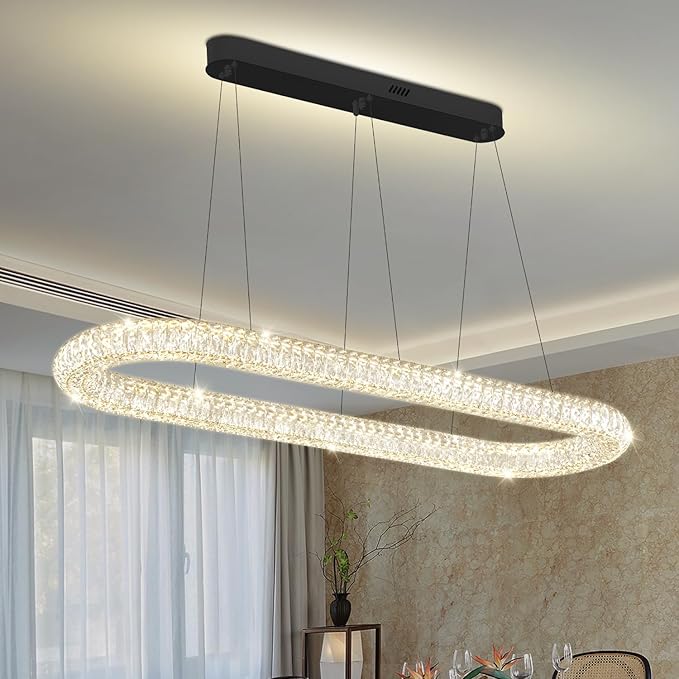 Oval Crystal Chandelier, 47.2'' Black Crystal Ring Pendant Light for Kitchen Island Modern Linear Oval Chandeliers for Dining Room Dimmable 3000K-6000K