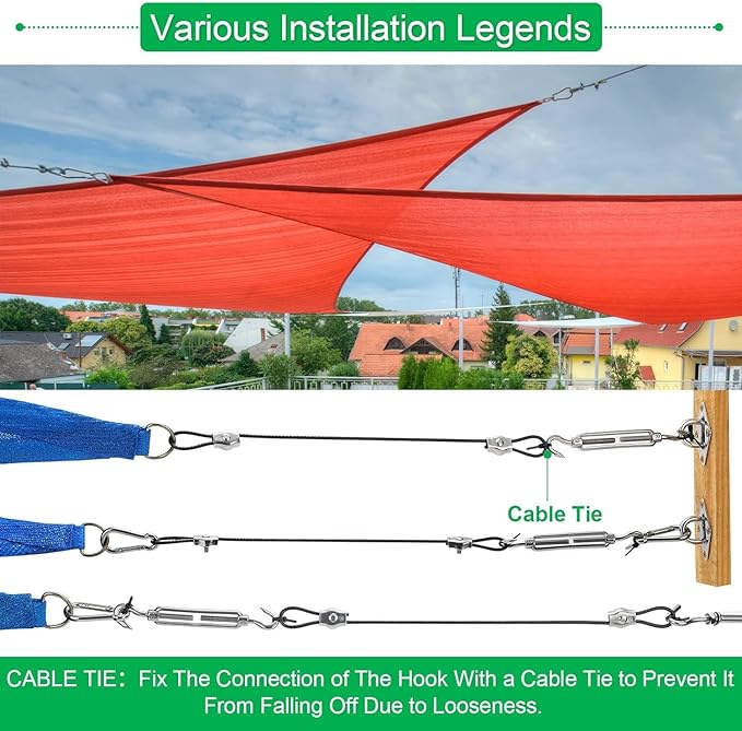 Shade Sails Installation Kits,Sun Shade Sail Hardware Kit with 4pcs 10ft Length Extension Nylon Wire Rope,Shades Awning Kit for Triangle Rectangle Shade Canopy,304 Stainless Steel, Patio Outdoor