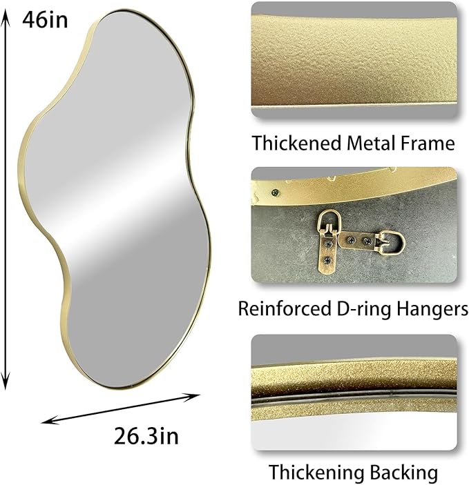 Irregular Wall Mirror, 46"x26" Asymmetrical Mirrors with Gold Metal Frame, Waved Shaped Decorative Mirrors for Living Room Bathroom Bedroom Hallway Entryway Fireplace