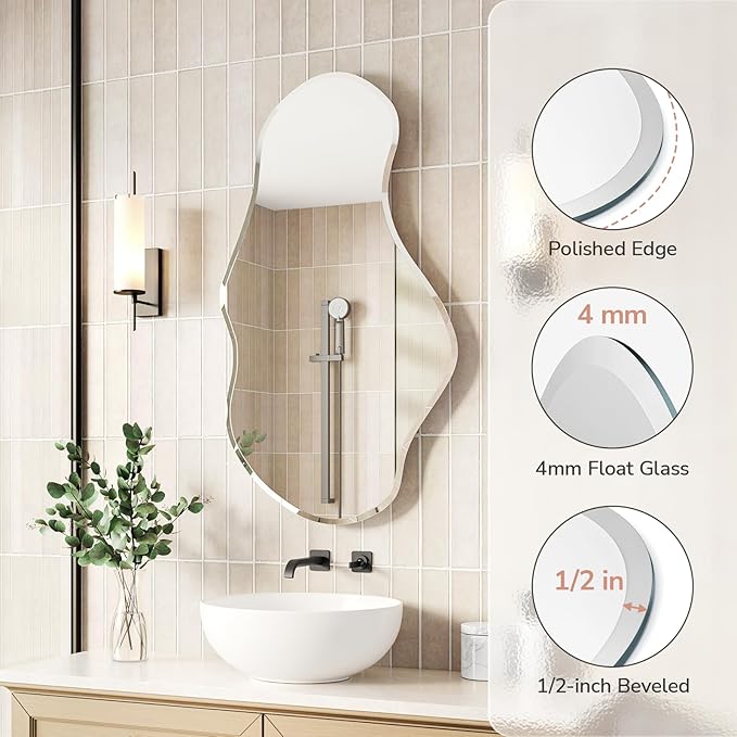 USHOWER Irregular Wall Mirror 26"x46", Frameless Asymmetrical Mirror, Modern Wall Mirrors Decorative for Bathroom, Bedroom, Living Room, Entryway, Cloakroom Renovation