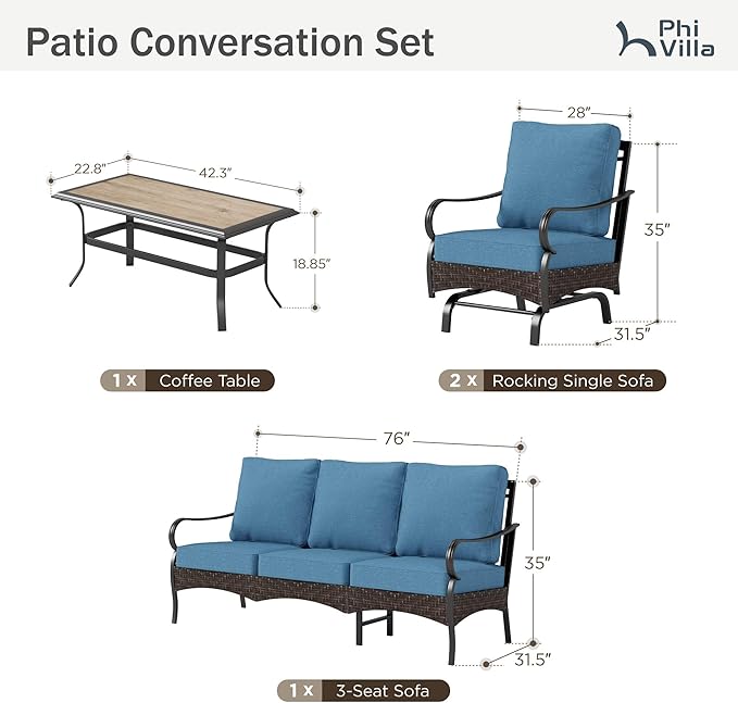 PHI VILLA Outdoor Modern Patio Furniture Set, Upgraded Wicker&Metal Patio Furniture Conversation Set with Waterproof Thick Cushions for Porch, Poolside, Deck, and Yard (4 Pieces,Navy)