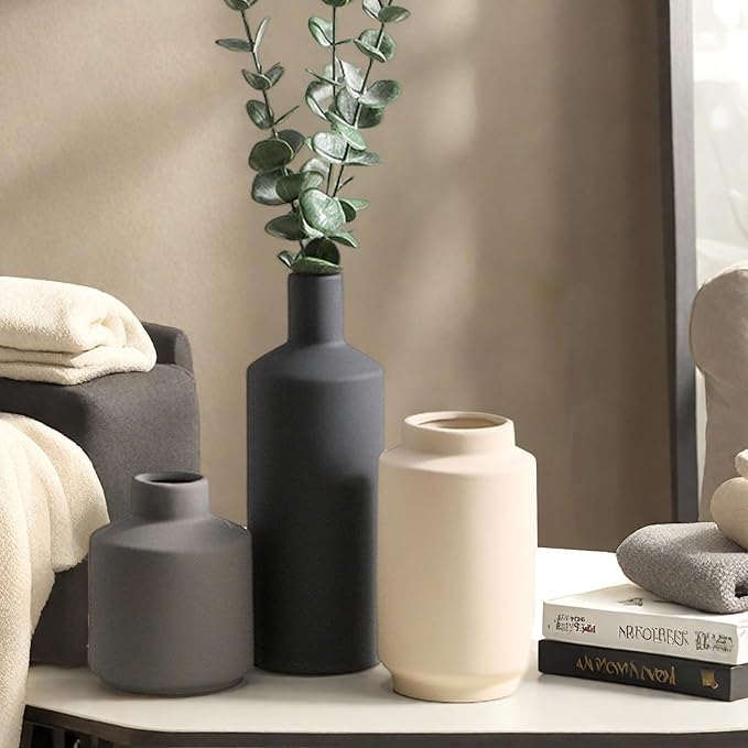 Ceramic Vase Set of 3, Vases Home Decor, Neutral Rustic Modern Farmhouse Decor, Pottery Vases for Pampas Grass Dried Fresh Flowers, Living Room Kitchen Bedroom Bathroom Entryway Mantel Shelf (Beige)