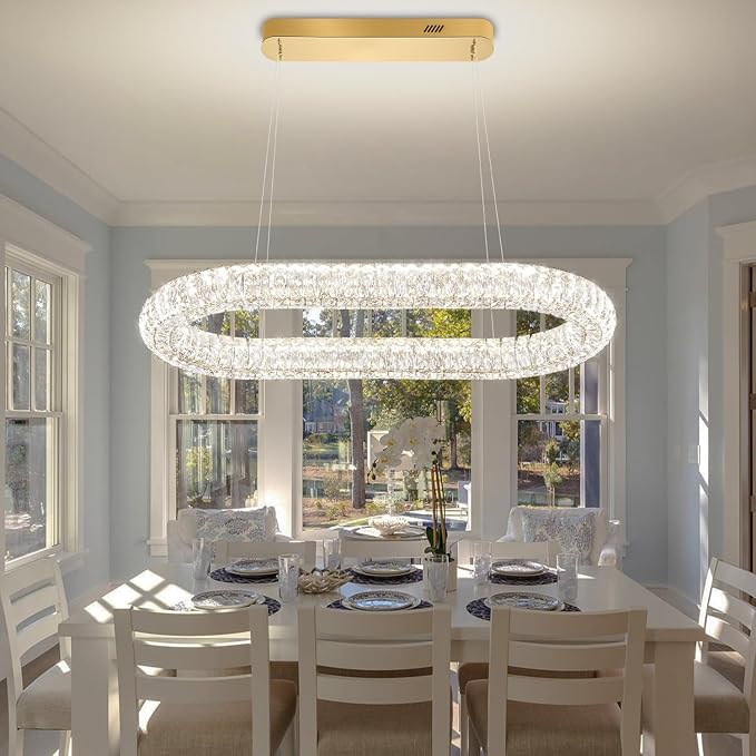 Oval Crystal Chandelier, 31.5'' Gold Crystal Ring Pendant Light for Kitchen Island Modern Linear Oval Chandeliers for Dining Room Dimmable 3000K-6000K
