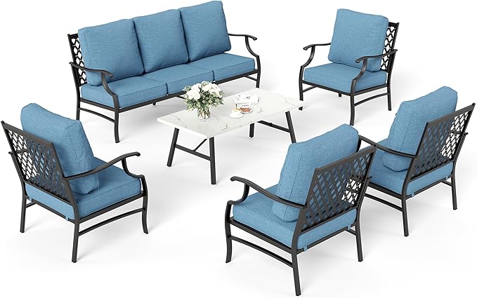 6 Piece Metal Outdoor Patio Furniture Set, Patio Conversation Sets 1 3-Seater Sofa, 4 Fixed Chairs with 5.75" Thick Cushion and Coffee Table, Backyard Furniture Set for Deck, Navy