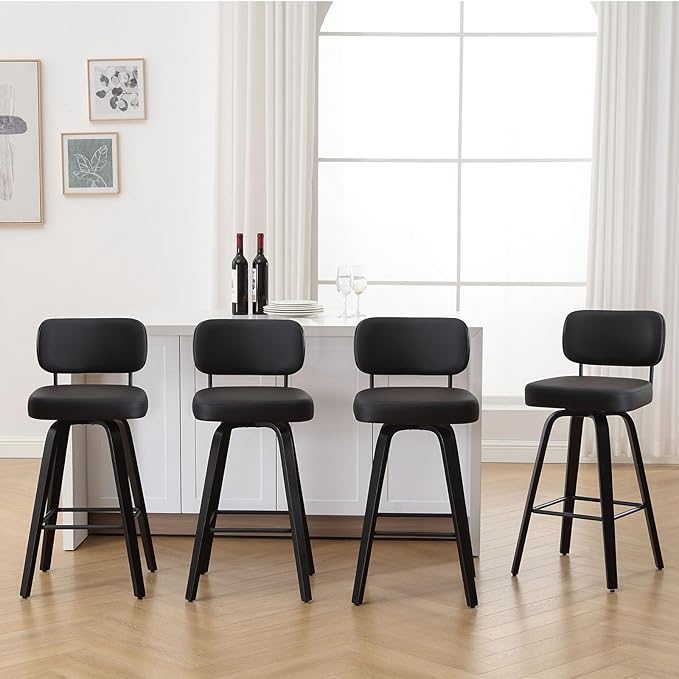 Swivel Counter Height Bar Stools Set of 4, 26" Upholstered Faux Leather Barstools with Back, Bar Chairs Island Stools for Kitchen Counter, Black Wood Frame, Black