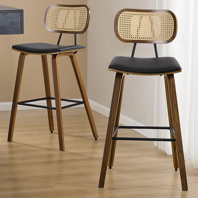Counter Height Bar Stools Set of 2, Mid Century Modern Counter Stools, 26" Wood Kitchen Stool PU Leather Upholstered Barstool with Rattan Back, Counter Height Island Dining Bar Chair, Black