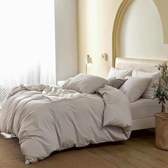 JIYUAN 100% Washed Cotton Duvet Cover Set 2 Pieces Twin, 1 Duvet Cover 68x90 Inches(Comforter Not Included) and 1 Pillowcases,Linen Feel Bedding Set Comfy and Breathable, Heathered Cream Grey