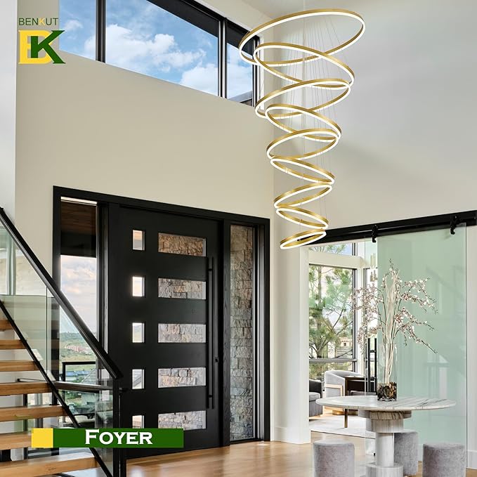 9 Rings Modern LED Chandelier Gold Dimmable Large Foyer Chandeliers Entryway High Ceiling for Staircase, High Ceiling Pendant Lights for Entryway Living Room, 3000K-6500K CCT