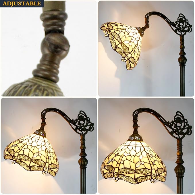 WERFACTORY Tiffany Floor Lamp Cream Stained Glass Dragonfly Arched Lamp 12X18X64 Inches Gooseneck Adjustable Corner Standing Reading Light Decor Bedroom Living Room S139 Series
