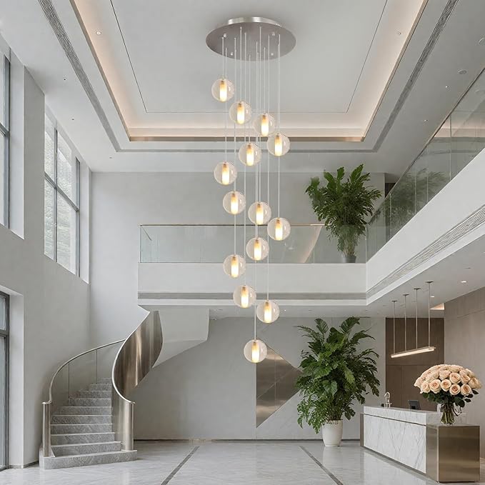 14 Lights Nickel Staircase Chandelier for High Ceiling, Dimmable Modern Crystal Raindrop Large Long Hanging Pendant Light for Stairwell Living Room Stair Foyer, Bulbs Included