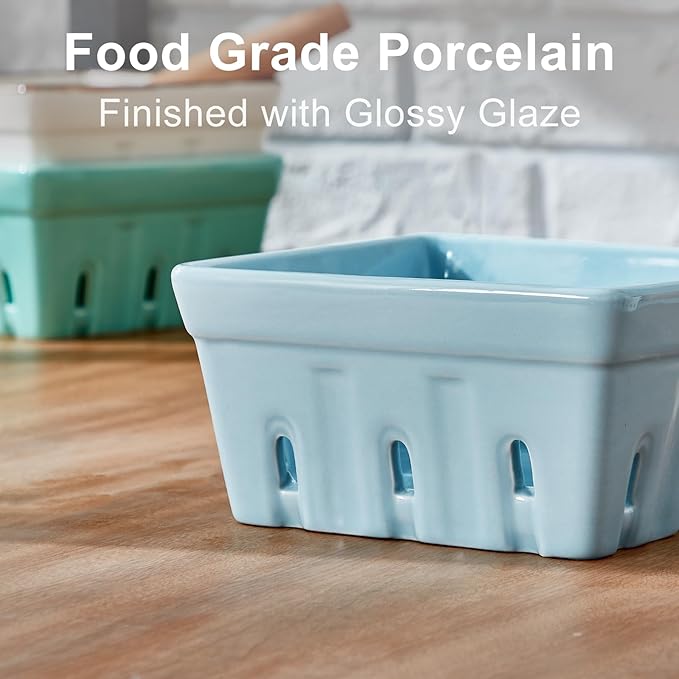 ONEMORE Berry Basket Ceramic Berry Bowls with Holes Square Fruit Bowl Berry Colander Containers for Fridge - 5.8" Fruit Basket for Kitchen Décor, Set of 2, Blue