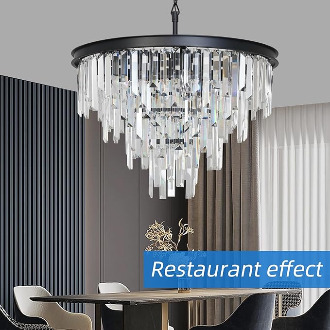24'' Modern Crystal Chandelier, Black Round Ceiling Light with Clear Prisms, Luxury Flush Mount Lighting Fixture for Dining Room Bedroom Foyer