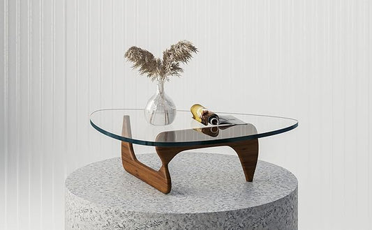 Triangle Glass Coffee Table with Solid Wood Base, 0.8'' Thick Clear Glass Top, 51'' Width Mid Century Modern Coffee Table for Living Room Bedroom Reception (Brown)