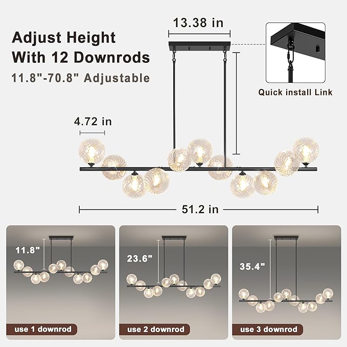 Linear Chandeliers for Dining Room, 51" Dining Room Light Fixture with Clear Swirled Glass Globe 11 Lights Black Sputnik Chandelier Bubble Large Chandelier Modern Farmhouse Island Light