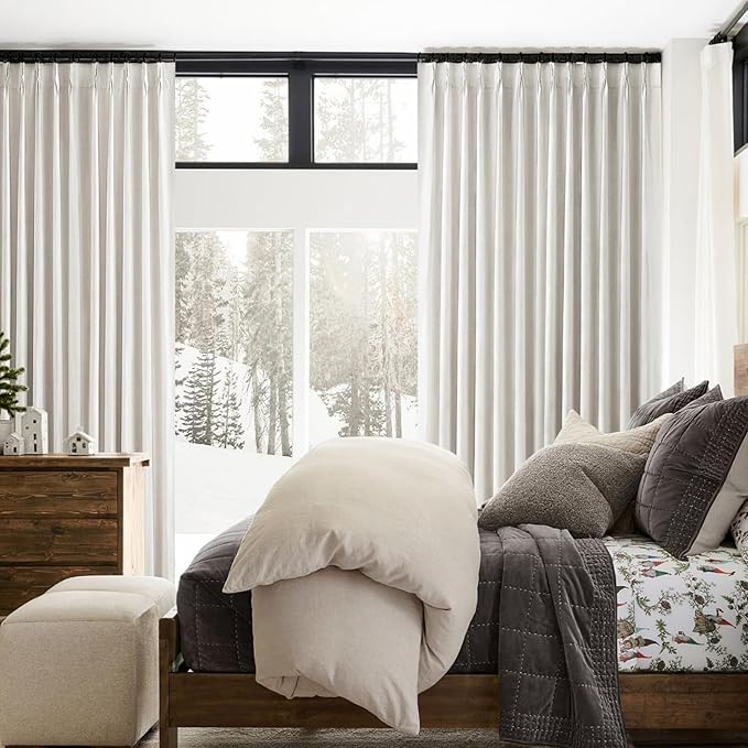 Short Linen Blackout Curtains for Bay Windows 48 Inch Length Bedroom/Living Room/Bathroom, Heat Blocking Cute 48 Inches Long 2 Panels Set, Birch Cream Ivory Drapes (40"x48"x2 Back Tab/Pinch Pleated)