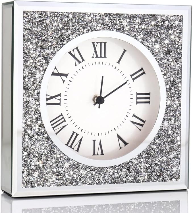 Desk Clock Wall Clock 8x8x2Inch Crushed Diamond Mirrored Clock Table Top Decorative Clock for Home Decoration. AA Battery not Included